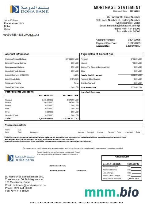 Katar Doha Bank wyciąg z kredytu hipotecznego w formatach Word i PDF